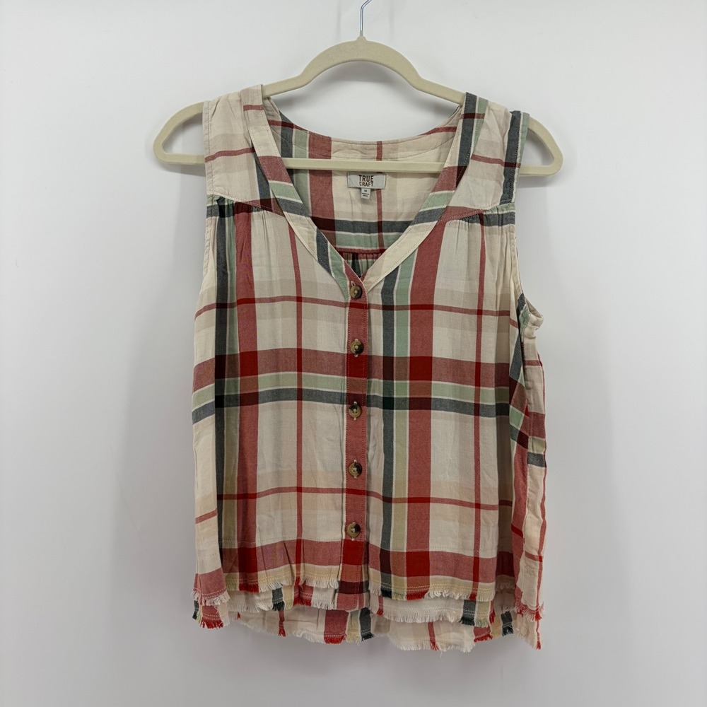 True Craft Plaid Tank Top Red Cream Women Size M Button Front Frayed Hem